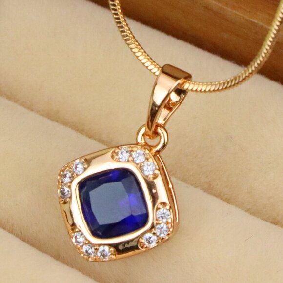 "Gold Plated Blue Cushion Pendant with Crystal Halo – Elegant Charm, XPPT1765 - Picture 1 of 13